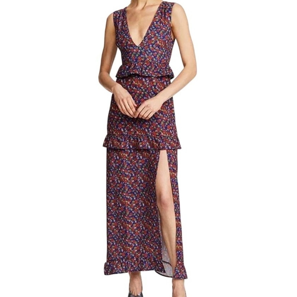 NIGHTWALKER Elsa Floral Tiered Ruffle Detail High Slit Sleeveless Dress NWOT S